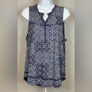 Lucky Brand Blue Floral Sleeveless Top Size L NWT Crochet Trim Boho